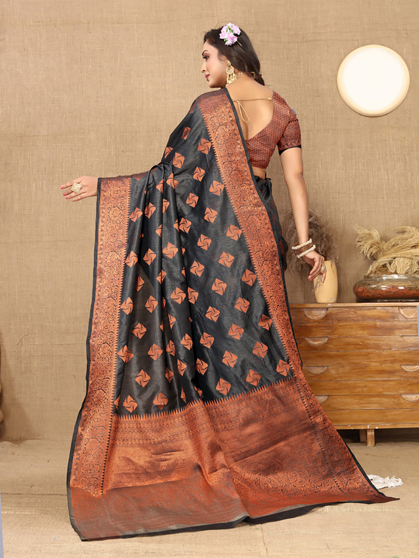 Lorenvalley Fashion Black Soft Katan Silk Woven Design Copper Zari Weaving Saree