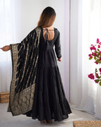 Lorenvalley Women Pure Roman silk Chanderi Fabric Layer Gathering Anarkali Kurta Pant With Dupatta Set