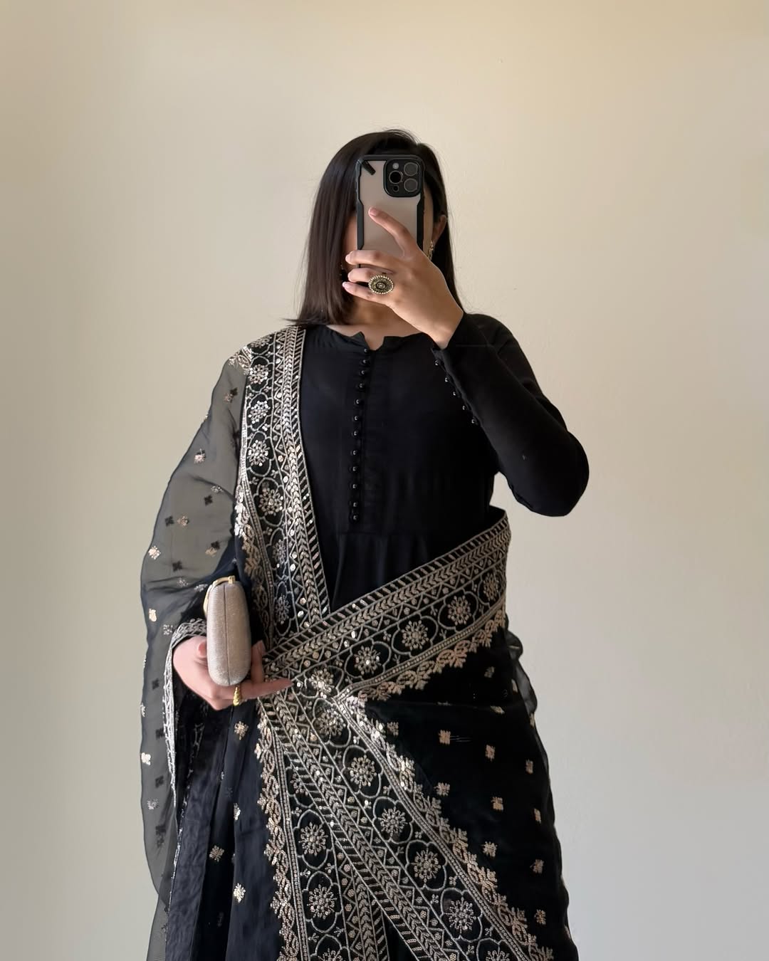 Lorenvalley Black Faux Georgette Yoke and Sleeve Potli Button Work Kurta Palazzo With Dupatta Set