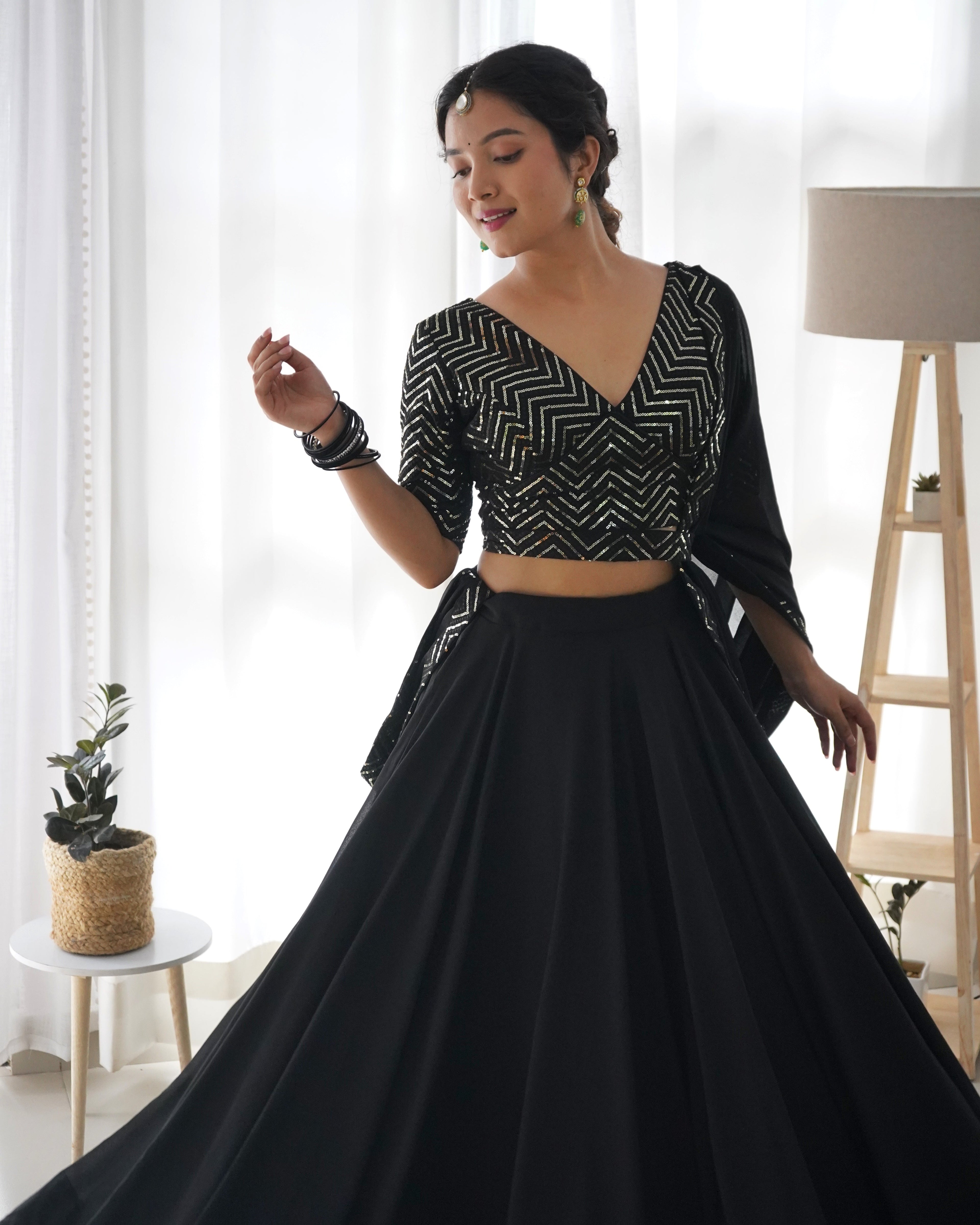 Lorenvalley Black Faux Georgette Plain Micro Cotton Full Inner with Canvas Patta Double Lining Lehenga Choli
