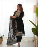 Lorenvalley Black Vichitra Silk Embroidery Sequence and Dori Thread Work Kurta Trousers with Dupatta Set - Distacart