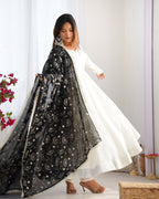 Lorenvalley Fashion White Vichitra Silk Fabric Fully Flared Anarkali Pant With Dupatta Set
