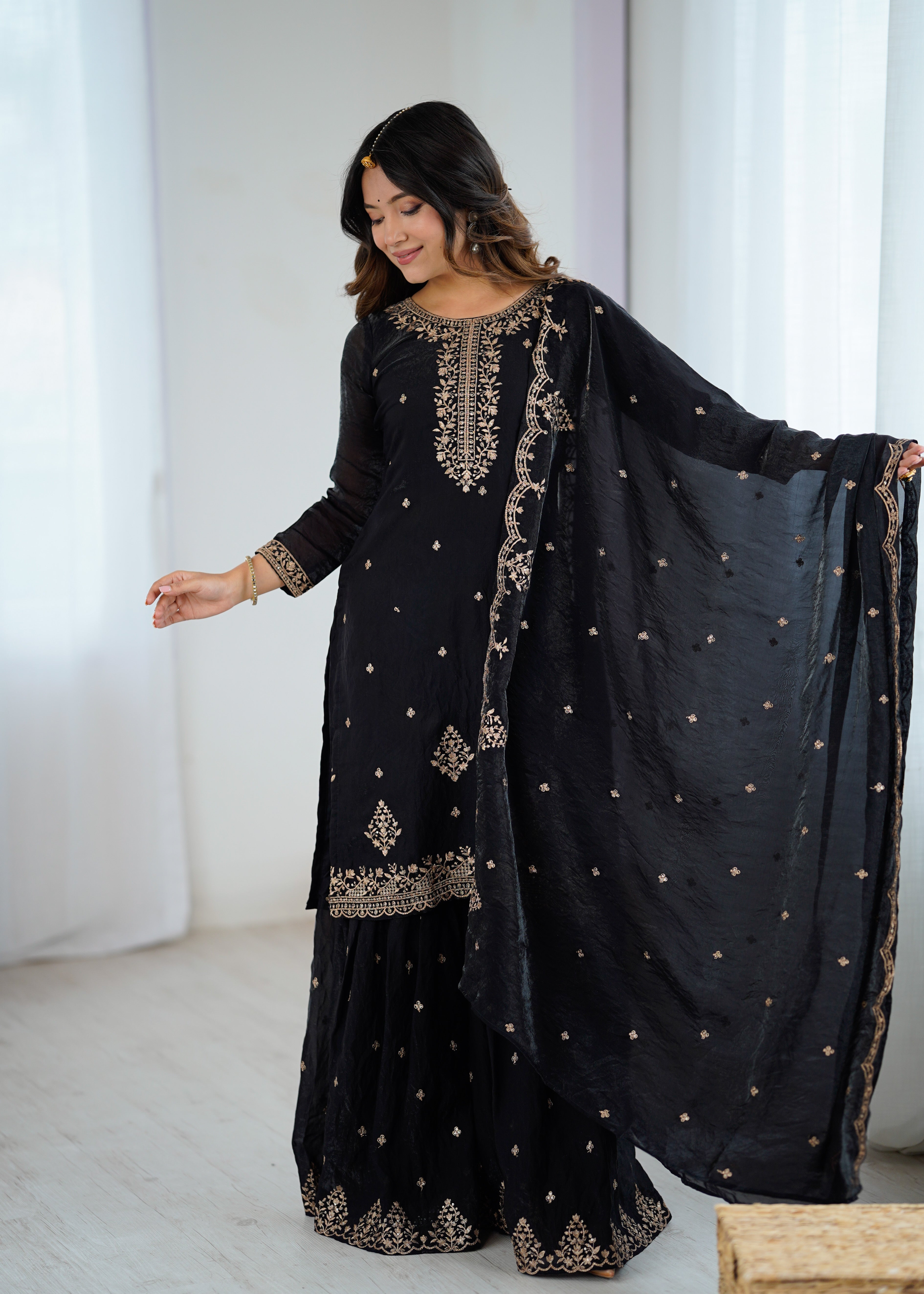 Lorenvalley Black Soft Crunchy Silk with Embroidery Sequence and Jari Work Kurta Palazzo with Dupatta