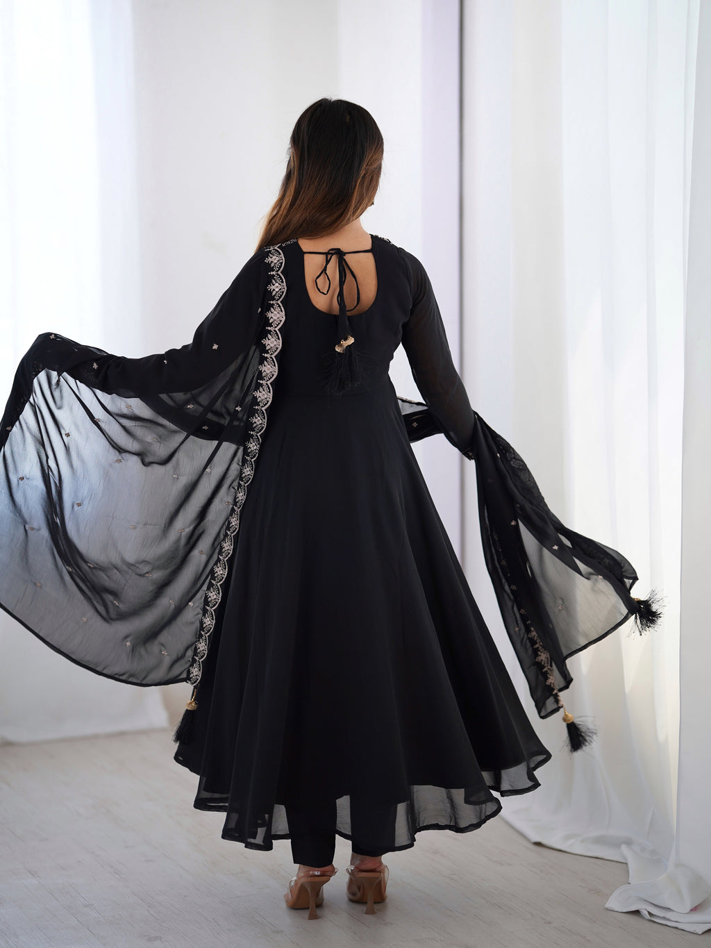 Lorenvalley Black Faux Georgette Fancy Embroidery Beads And Jari Work Anarkali Kurta Palazzo With Dupatta Set