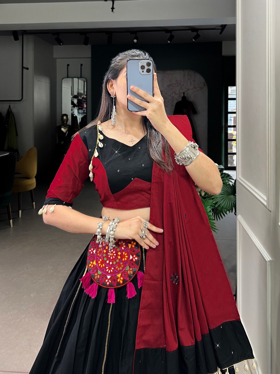 Lorenvalley Black Pure Cotton Plain And Gamthi Patch Work With Gota Patti Lehenga Choli with Dupatta