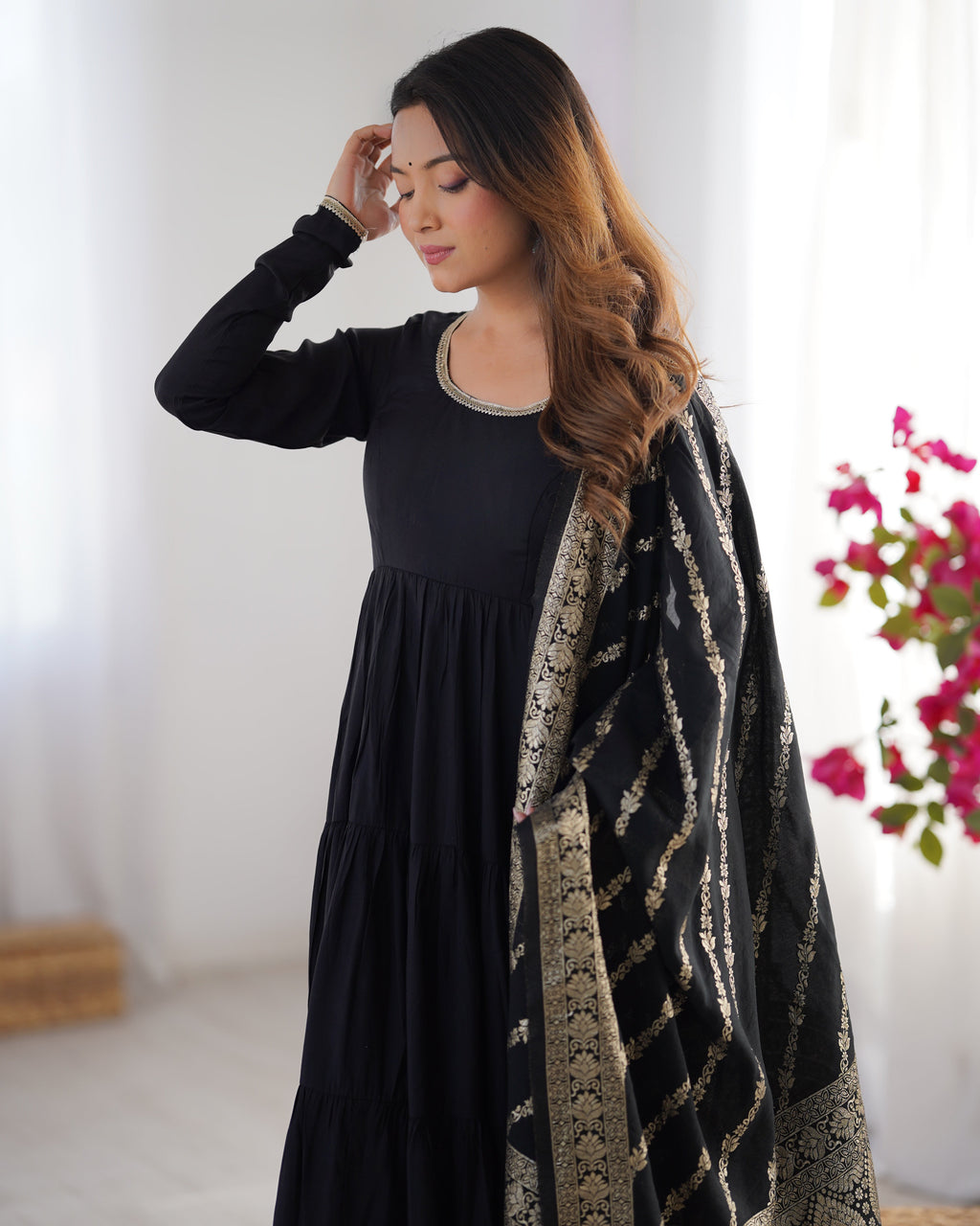 Lorenvalley Women Pure Roman silk Chanderi Fabric Layer Gathering Anarkali Kurta Pant With Dupatta Set