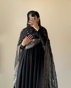 Lorenvalley Black Faux Georgette Yoke and Sleeve Potli Button Work Kurta Palazzo With Dupatta Set