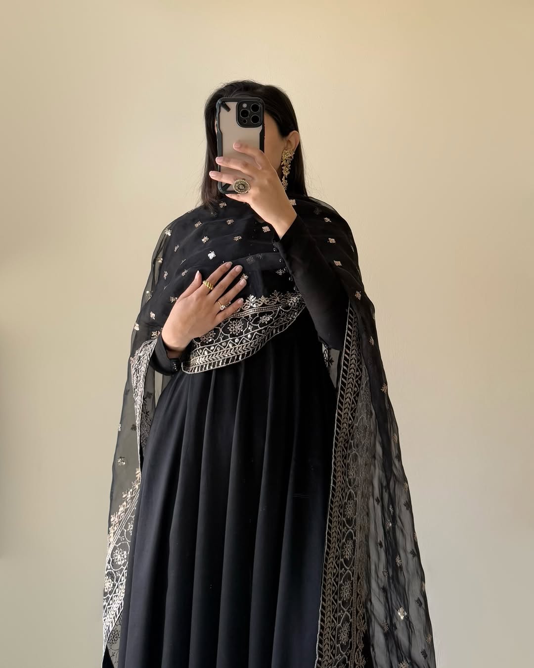 Lorenvalley Black Faux Georgette Yoke and Sleeve Potli Button Work Kurta Palazzo With Dupatta Set