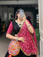 Lorenvalley Black Pure CottonPlain And Original Mirror Gamthi Work Lace Border Lehenga Choli with Dupatta