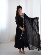 Lorenvalley Black Faux Georgette Fancy Embroidery Beads And Jari Work Anarkali Kurta Palazzo With Dupatta Set