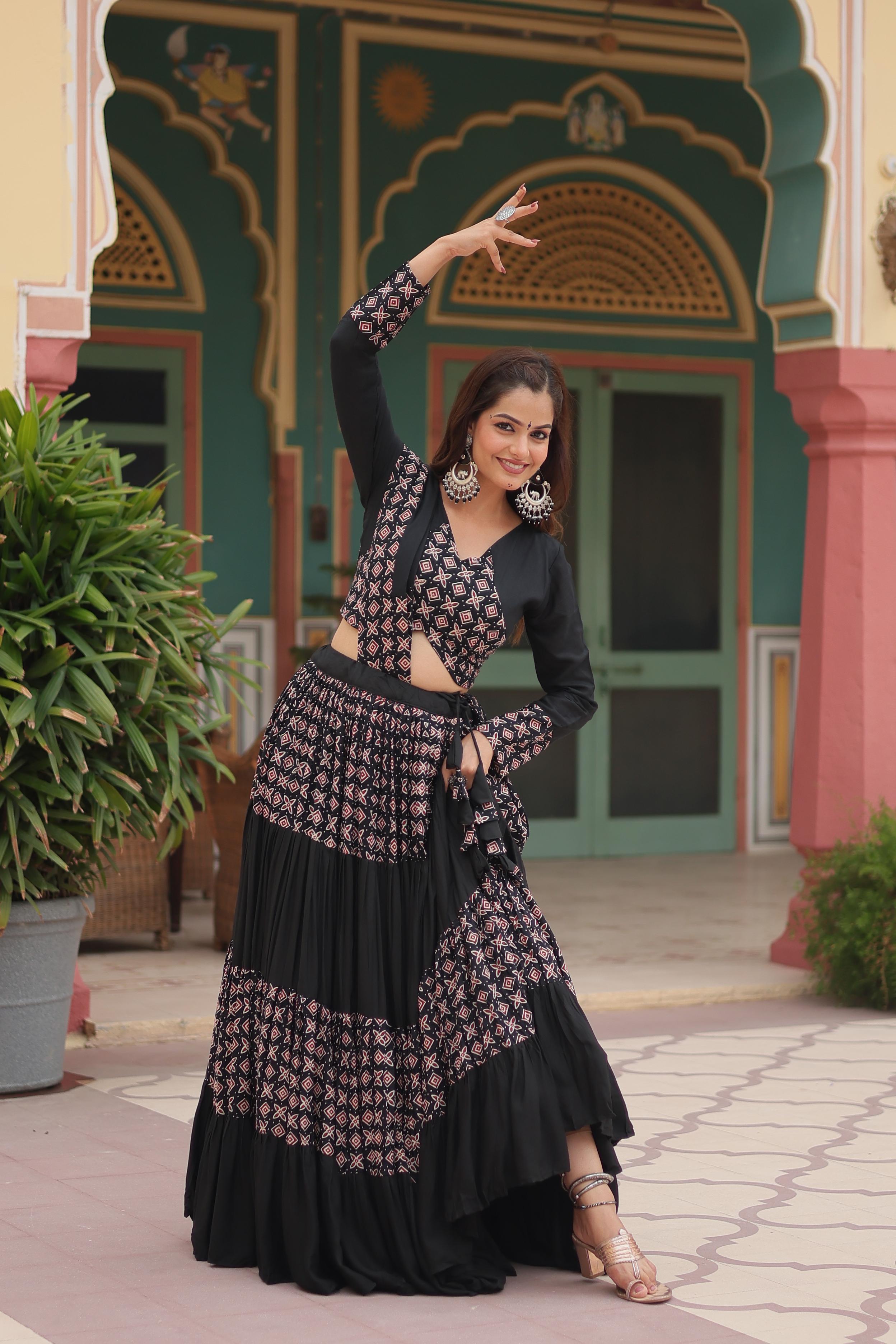 Lorenvalley Black Printed Rayon Navratri Collection Lehenga Choli with Dupatta
