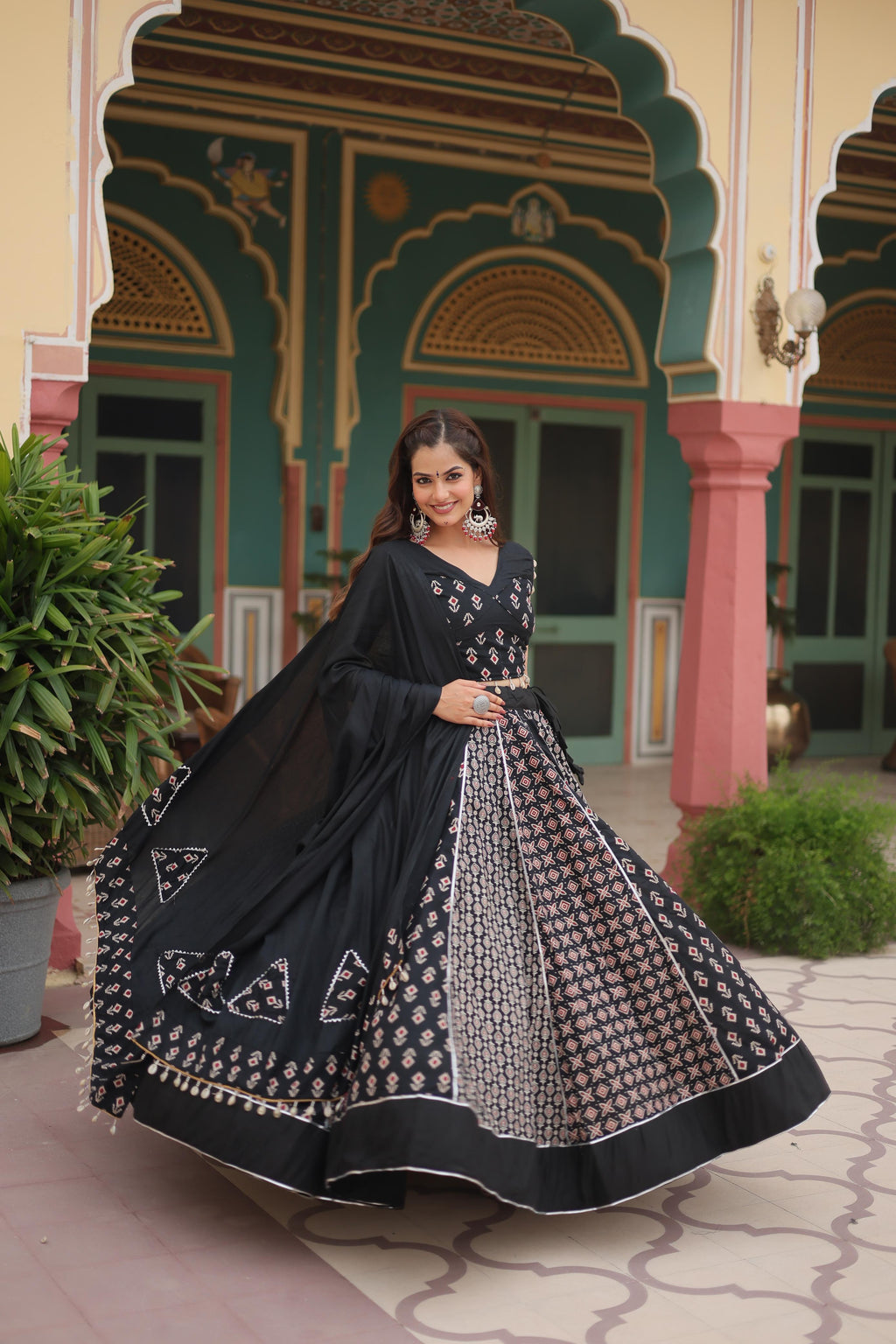Lorenvalley Black Rayon Gota Patti Lace Printed Kali Pattern Lehenga Choli with Dupatta