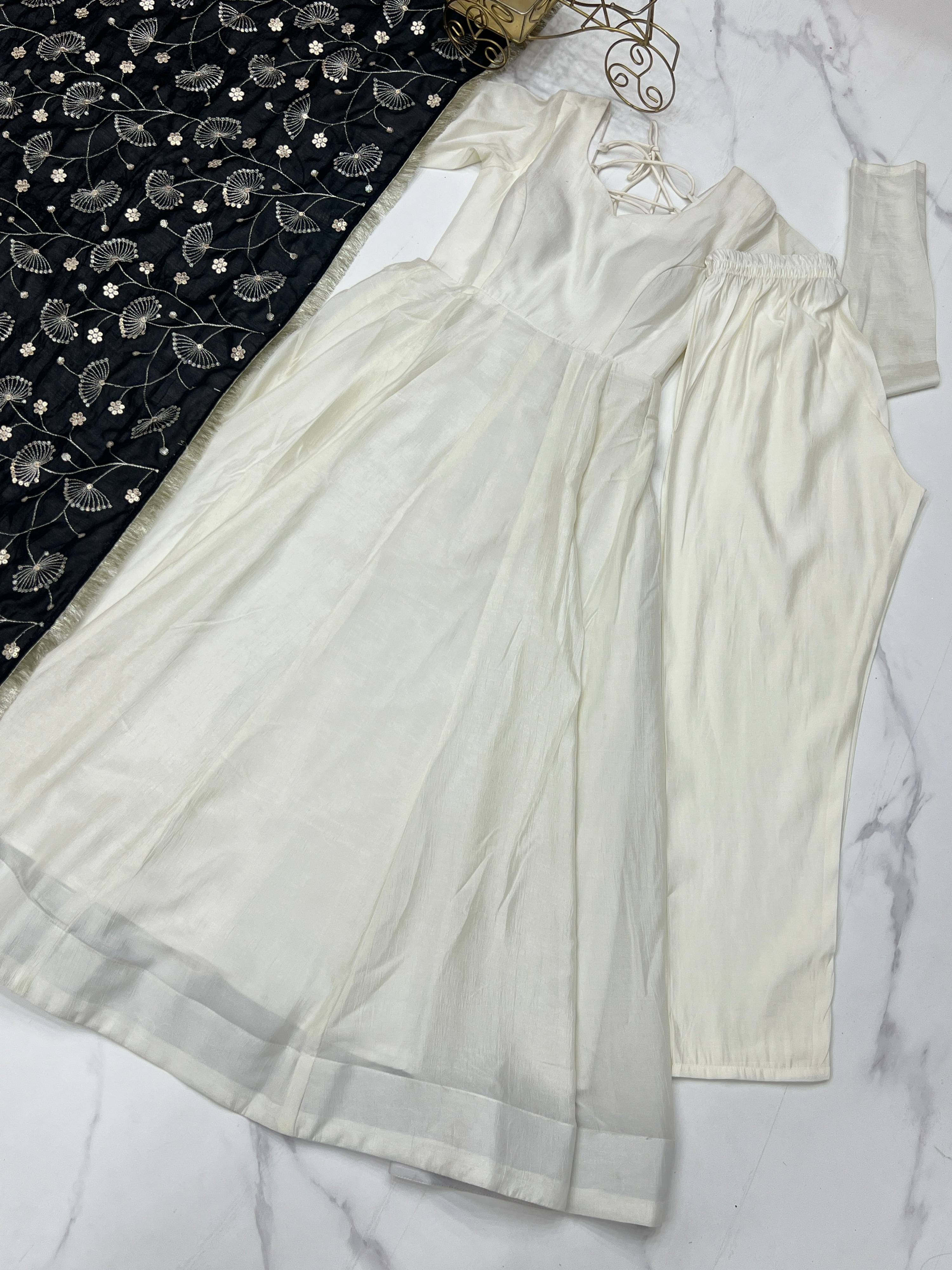 Lorenvalley Fashion White Vichitra Silk Fabric Fully Flared Anarkali Pant With Dupatta Set