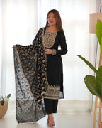 Lorenvalley Black Vichitra Silk Embroidery Sequence and Dori Thread Work Kurta Trousers with Dupatta Set - Distacart