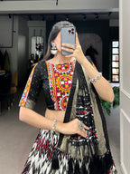 Lorenvalley Tussar Silk Black Leheriya Print with Foil Print and Paper Mirror Work Lace Lehenga Choli with Dupatta