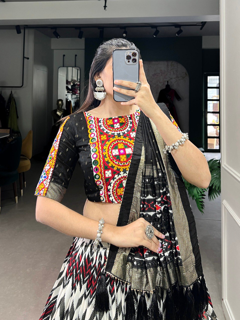 Lorenvalley Tussar Silk Black Leheriya Print with Foil Print and Paper Mirror Work Lace Lehenga Choli with Dupatta