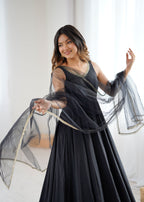 Lorenvalley Fashion Black Pure Romansilk Chanderi Fabric Yoke Fancy Lace Work Anarkali Kurta Pant With Dupatta Set