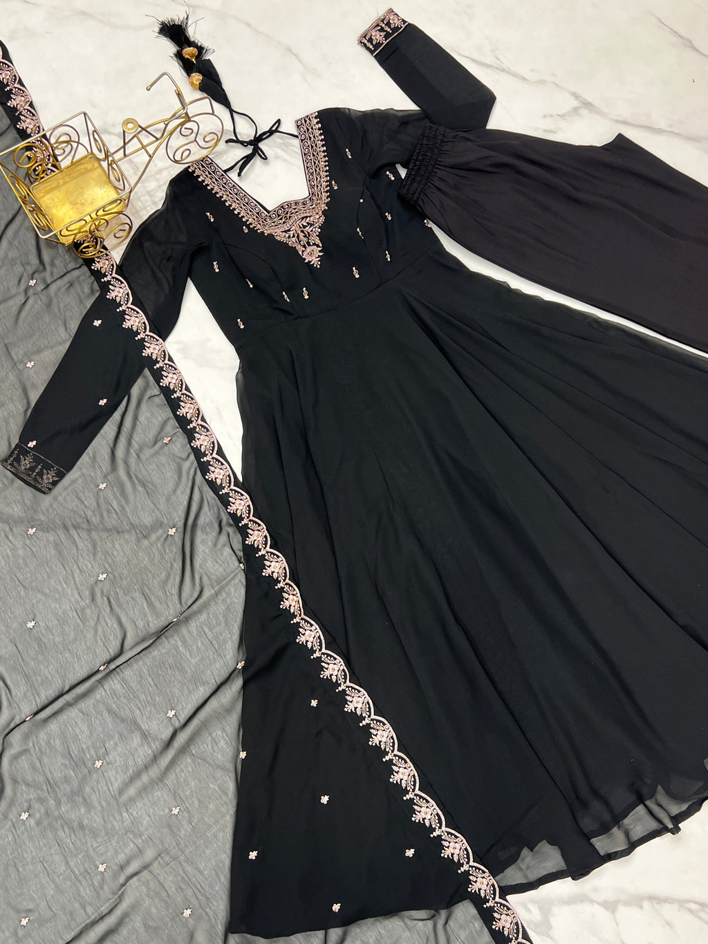 Lorenvalley Black Faux Georgette Fancy Embroidery Beads And Jari Work Anarkali Kurta Palazzo With Dupatta Set