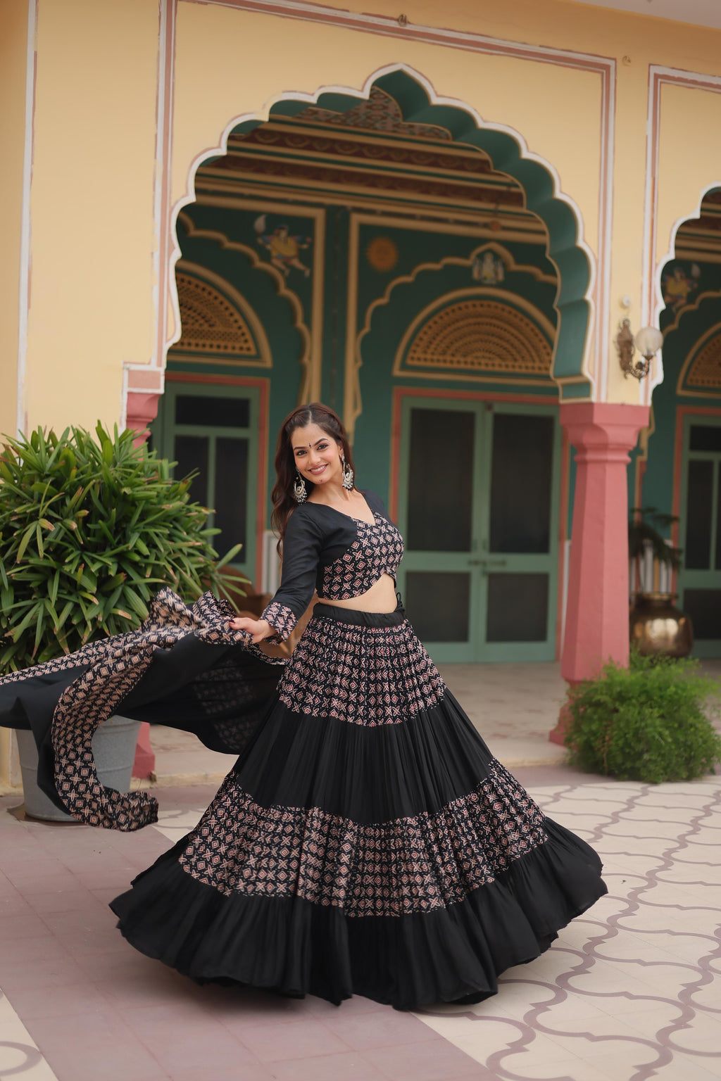 Lorenvalley Black Printed Rayon Navratri Collection Lehenga Choli with Dupatta