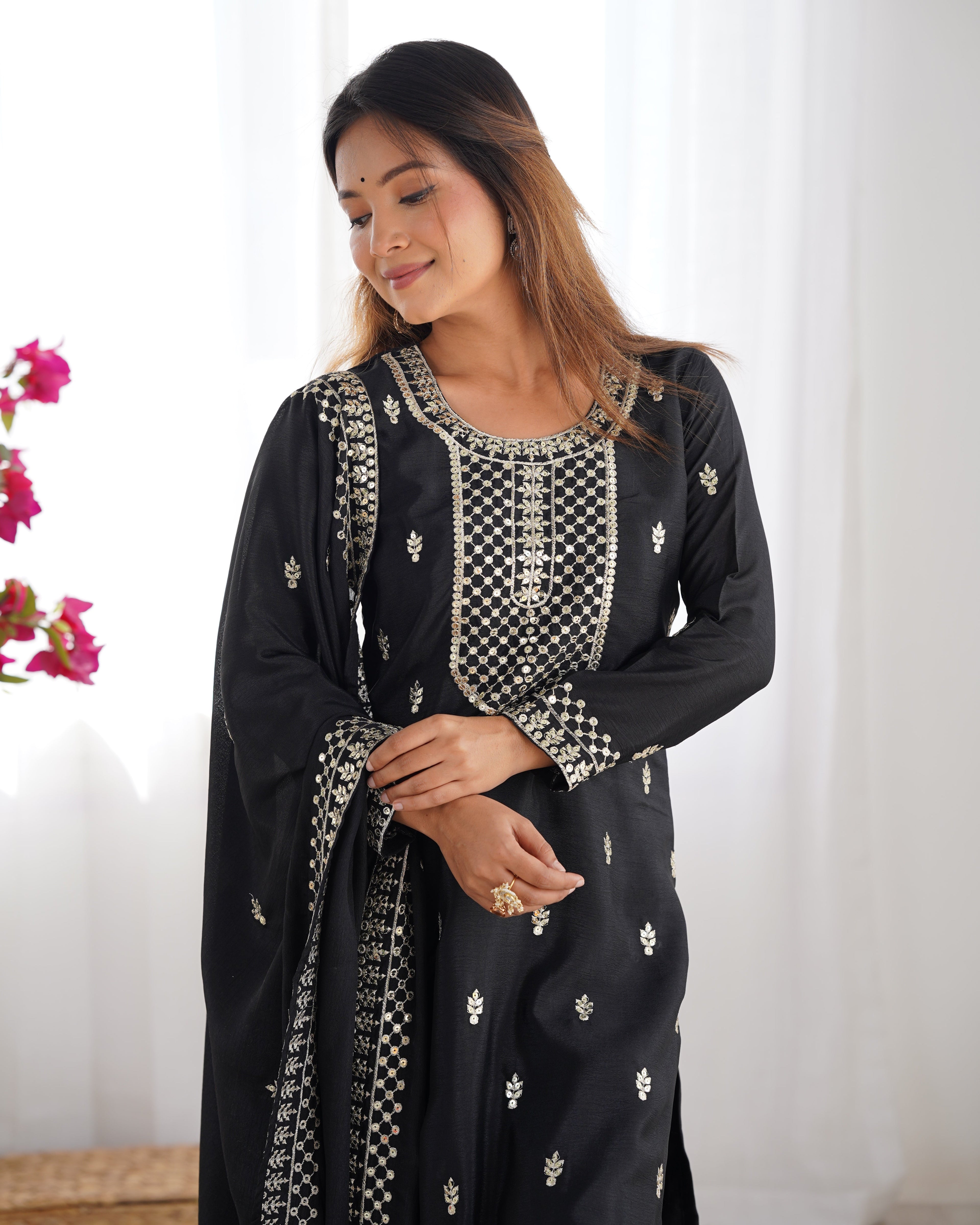 Lorenvalley Black Chinon Silk Embroidery Sequence and Jari Work Kurta Trousers with Dupatta Set - Distacart