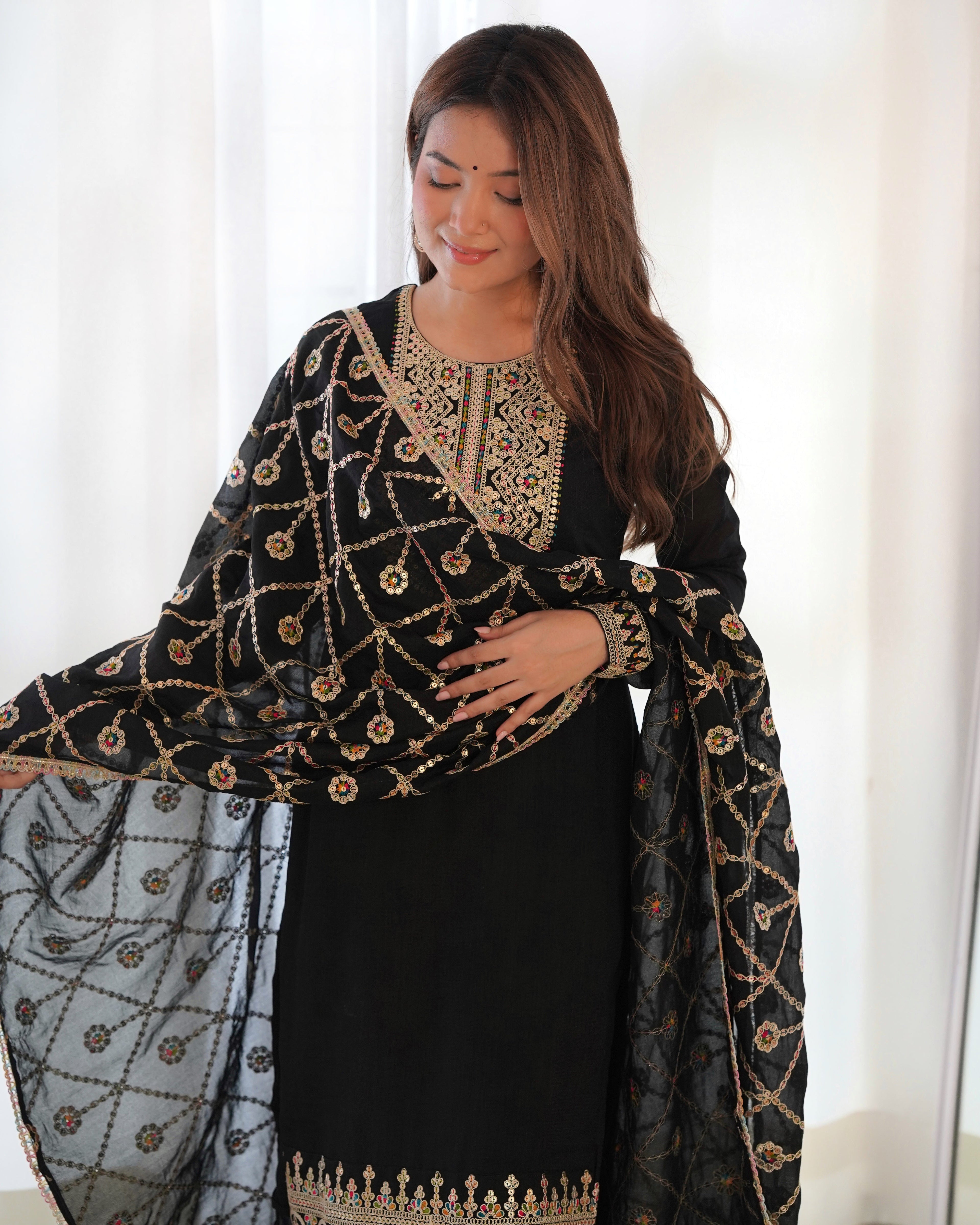 Lorenvalley Black Vichitra Silk Embroidery Sequence and Dori Thread Work Kurta Trousers with Dupatta Set - Distacart
