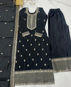 Lorenvalley Black Chinon Silk Embroidery Sequence and Jari Work Kurta Trousers with Dupatta Set - Distacart