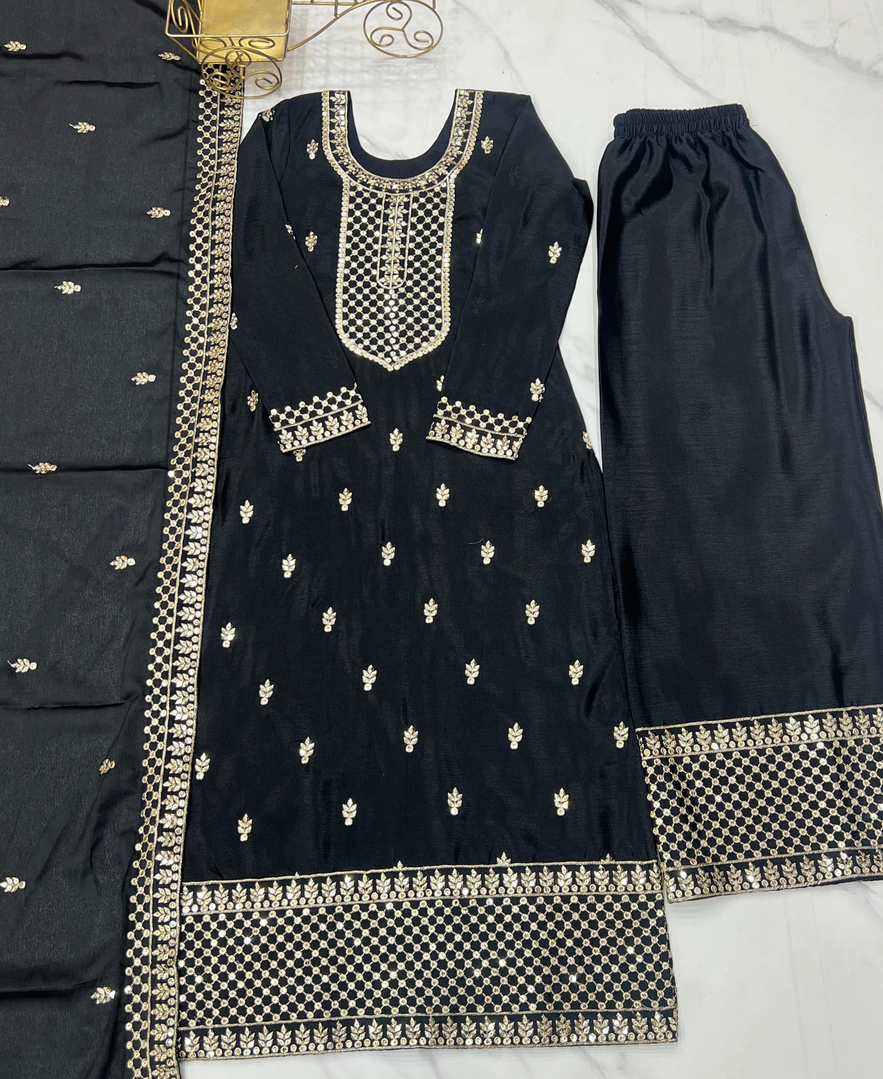 Lorenvalley Black Chinon Silk Embroidery Sequence and Jari Work Kurta Trousers with Dupatta Set - Distacart