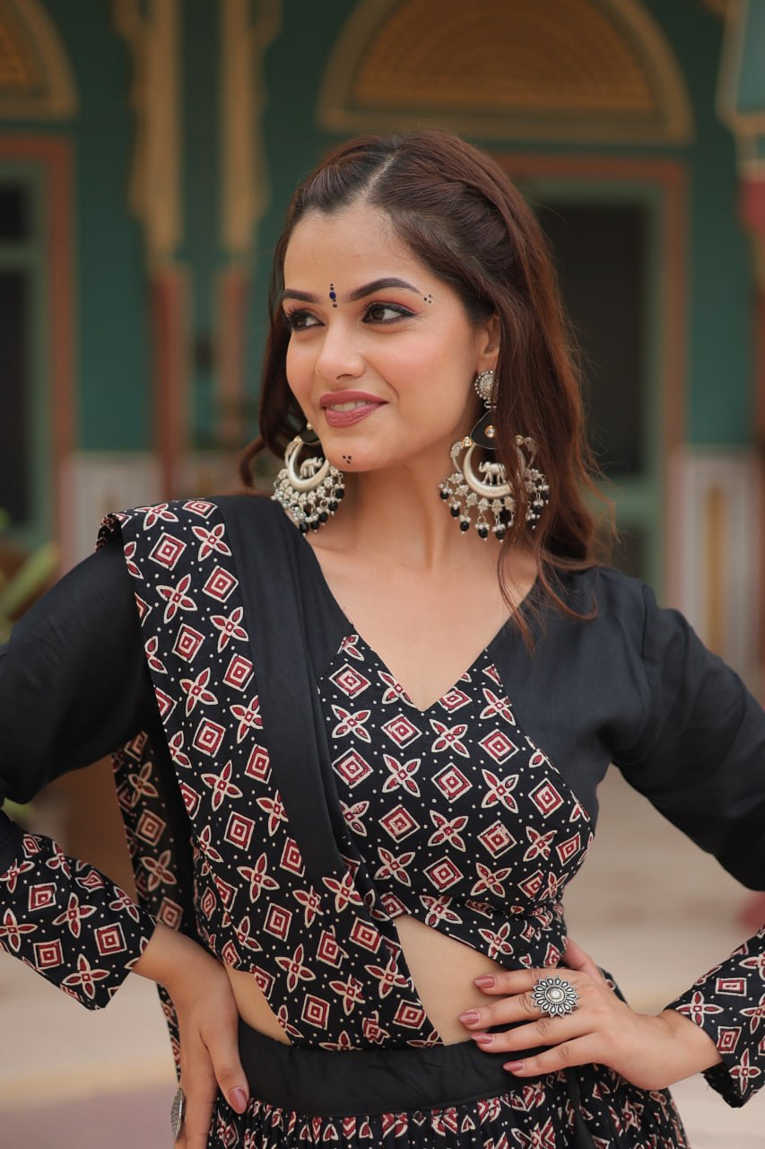Lorenvalley Black Printed Rayon Navratri Collection Lehenga Choli with Dupatta
