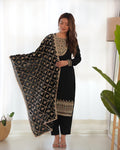 Lorenvalley Black Vichitra Silk Embroidery Sequence and Dori Thread Work Kurta Trousers with Dupatta Set - Distacart
