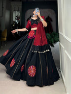 Lorenvalley Pure Black Cotton Plain And Gamthi Patch Work With Gota Patti Lehenga Choli with Dupatta