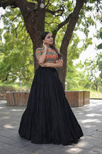 Lorenvalley Black Premium Rayon Lehenga with Georgette Embroidered Traditional Thread work Choli