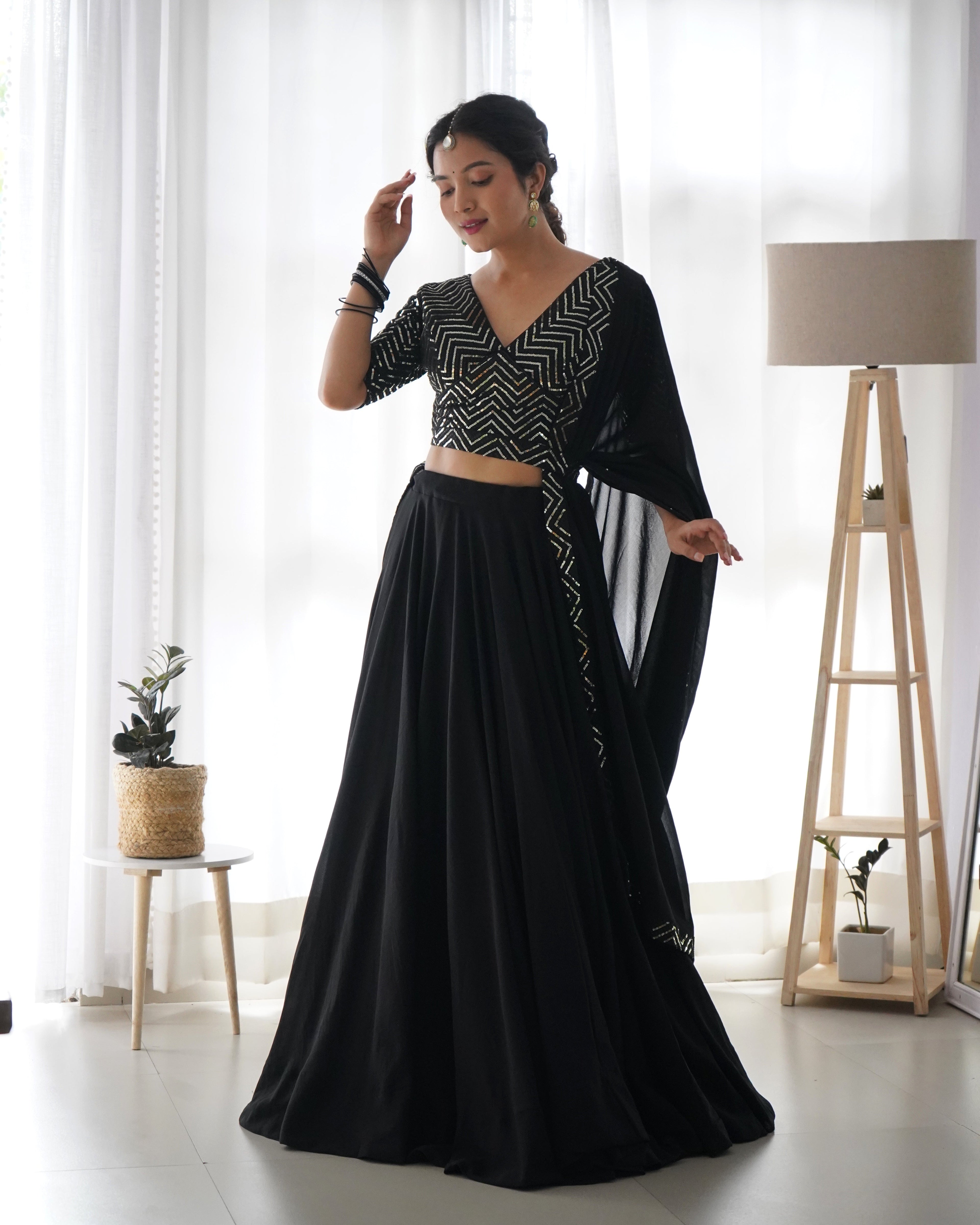 Lorenvalley Black Faux Georgette Plain Micro Cotton Full Inner with Canvas Patta Double Lining Lehenga Choli