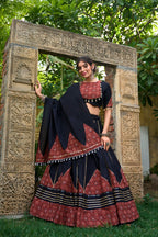 Lorenvalley Black Pure Cotton Plain With Printed And Paper Mirror Work Lace Lehenga Choli