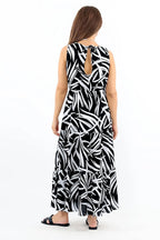 Pimu Viscose Patterned Summer Dress - Elastic Waist, V-Neck - Black