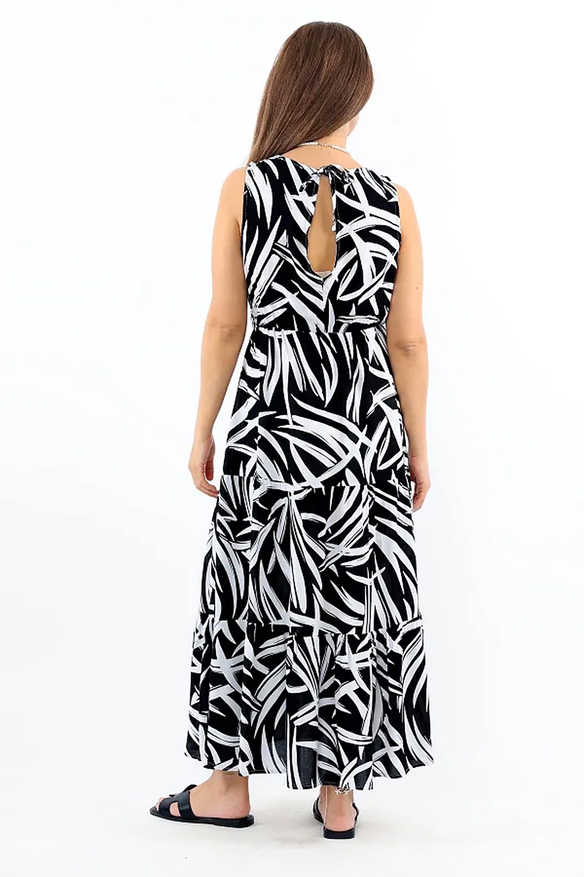 Pimu Viscose Patterned Summer Dress - Elastic Waist, V-Neck - Black