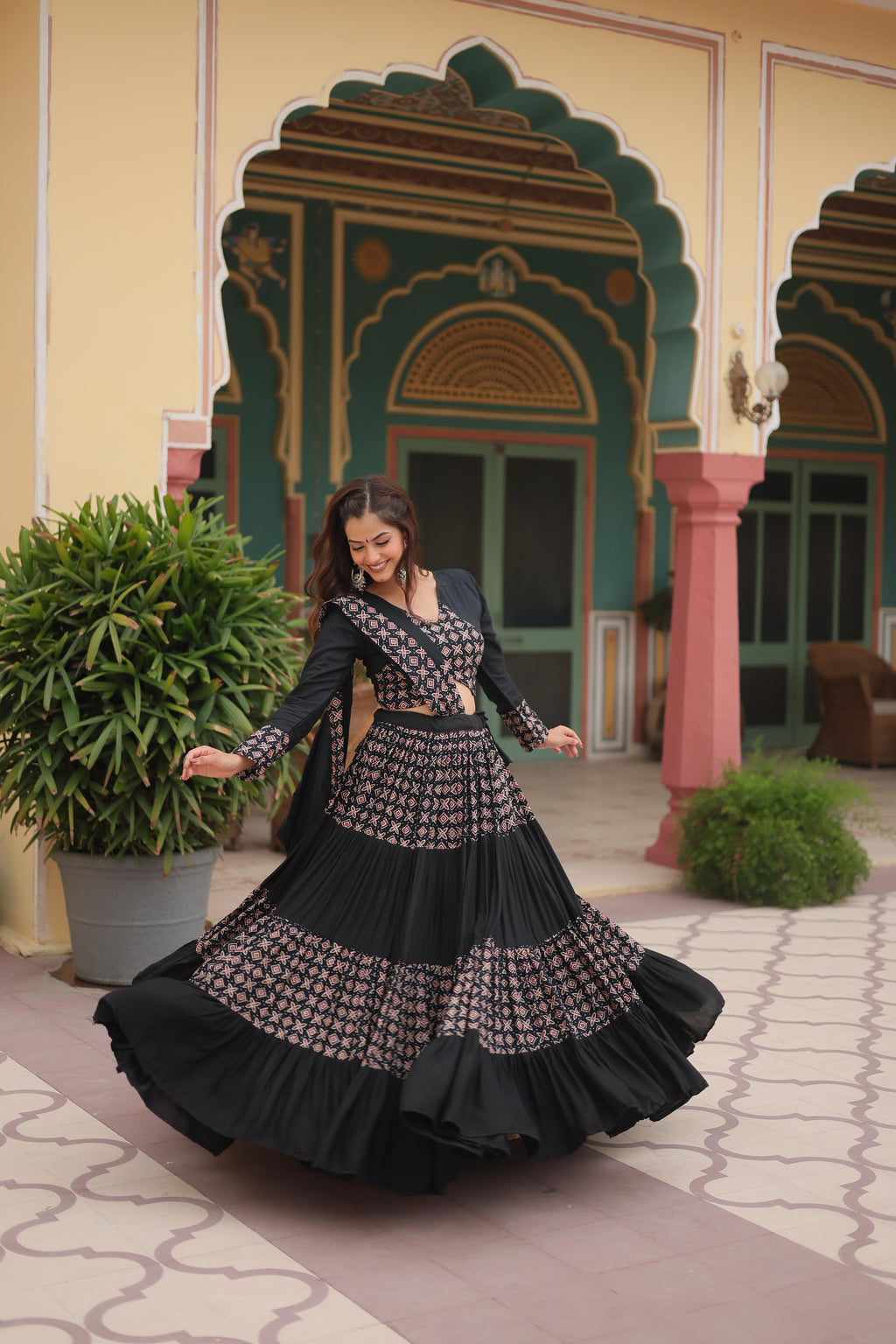 Lorenvalley Black Printed Rayon Navratri Collection Lehenga Choli with Dupatta