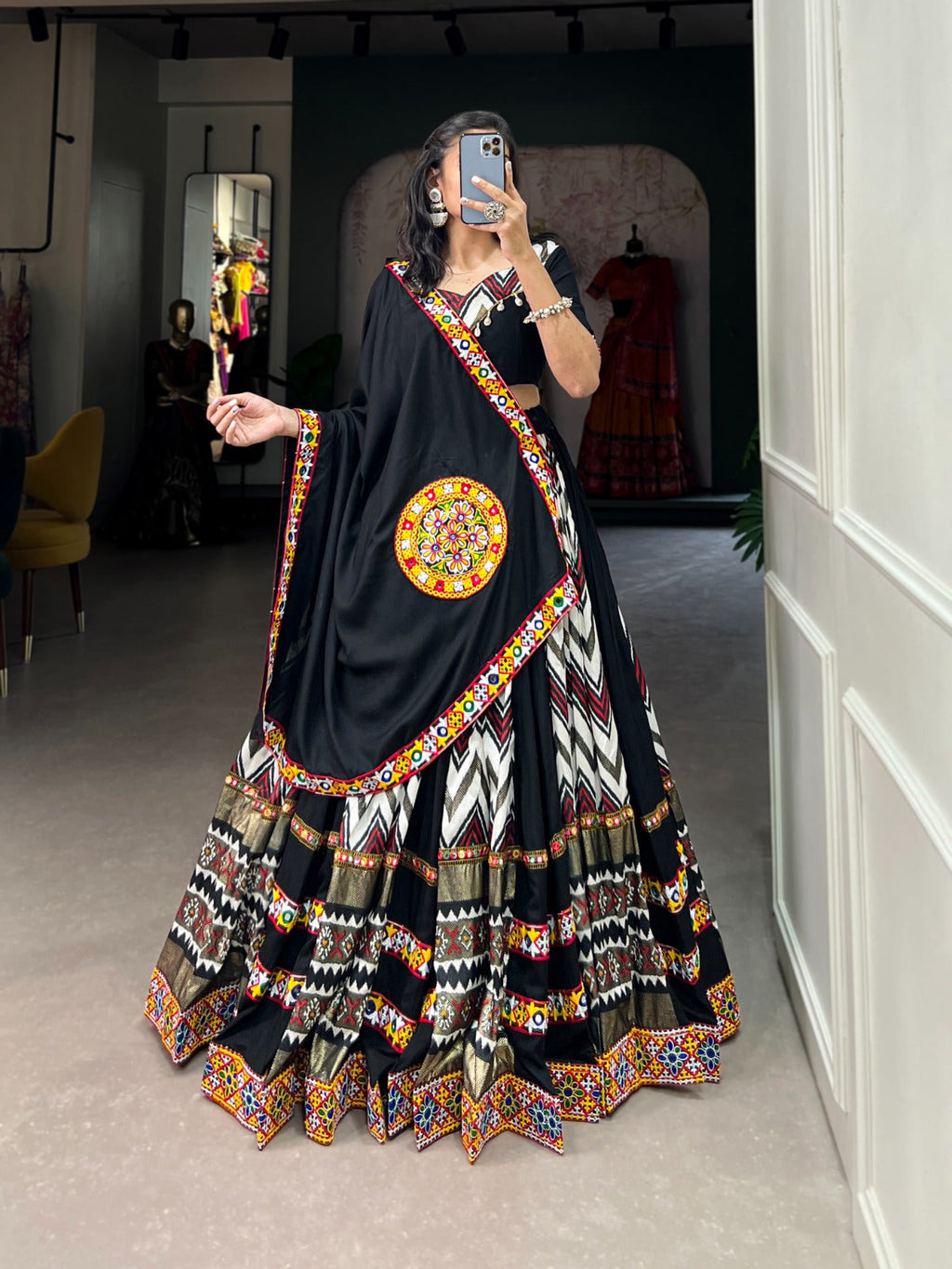 Lorenvalley Black Rayon With Printed Silk Original Mirror Gamthi Work Lehenga Choli With Dupatta