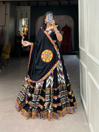 Lorenvalley Black Rayon With Printed Silk Original Mirror Gamthi Work Lehenga Choli With Dupatta