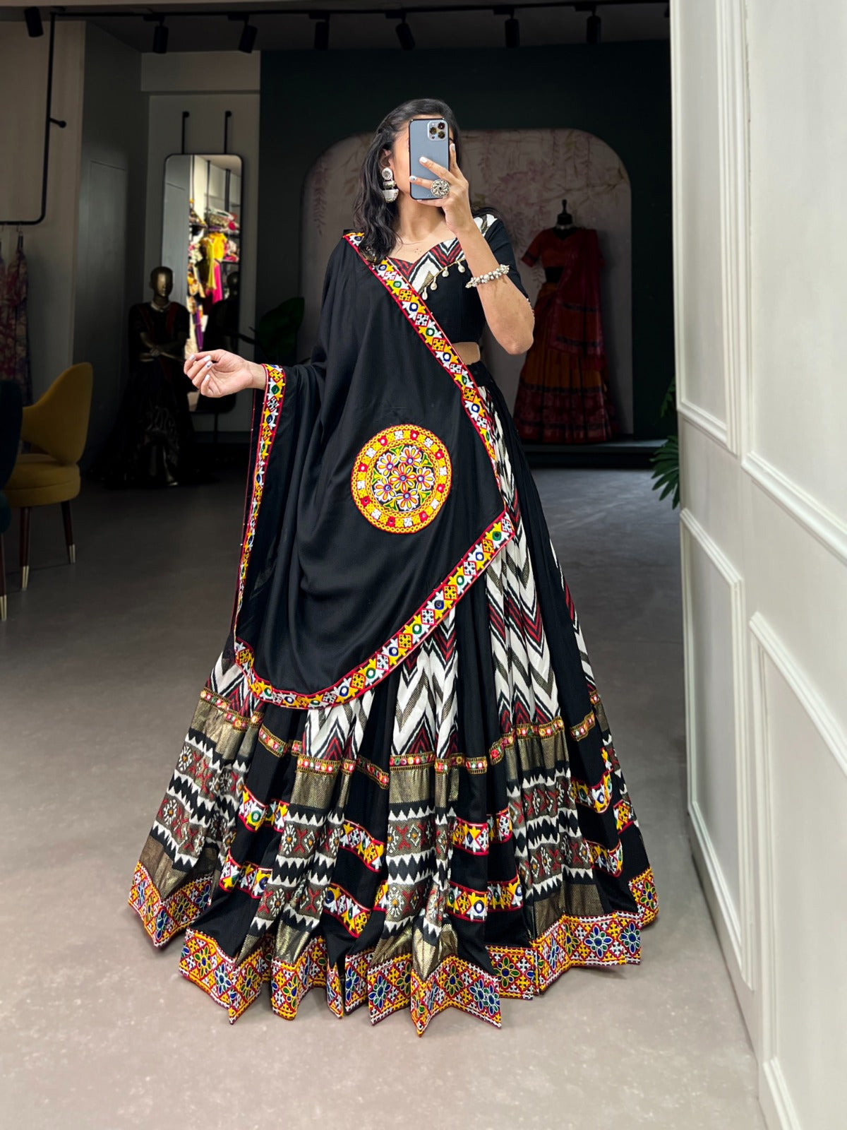 Lorenvalley Black Rayon With Printed Silk Original Mirror Gamthi Work Lehenga Choli With Dupatta