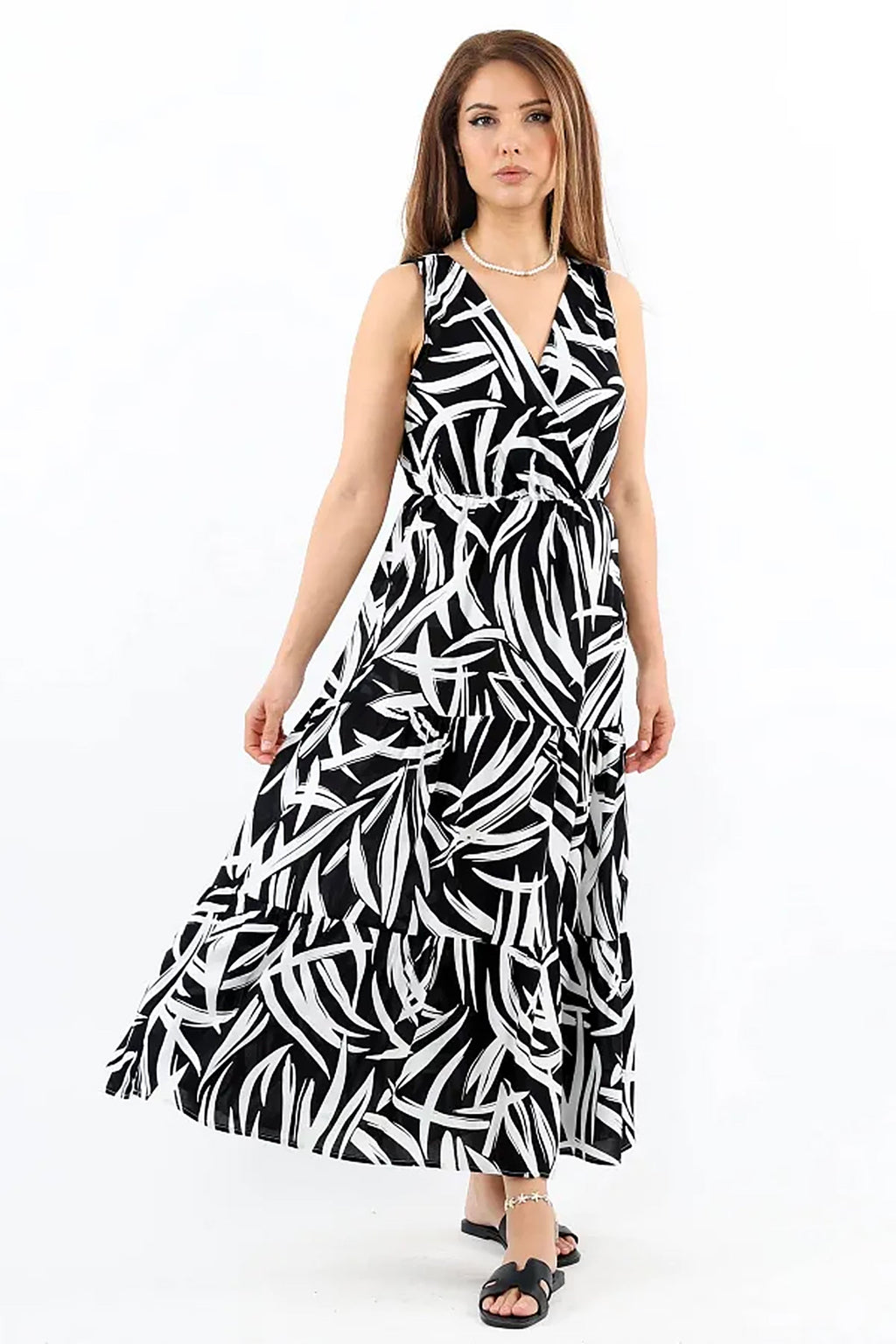 Pimu Viscose Patterned Summer Dress - Elastic Waist, V-Neck - Black