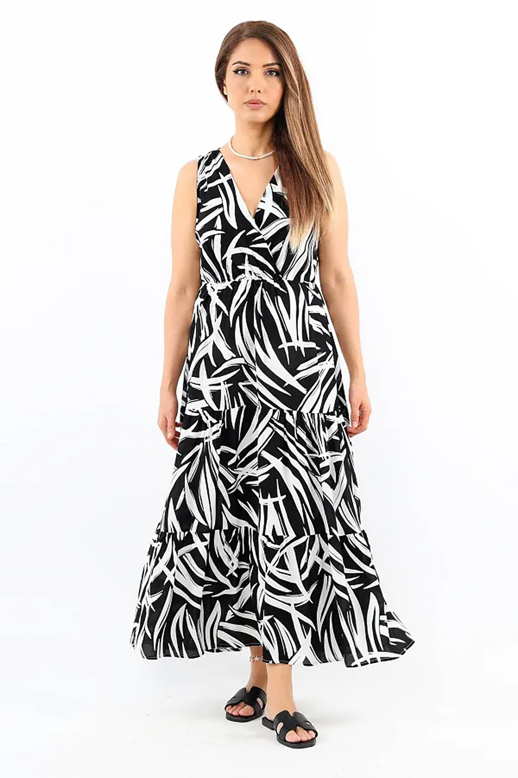 Pimu Viscose Patterned Summer Dress - Elastic Waist, V-Neck - Black