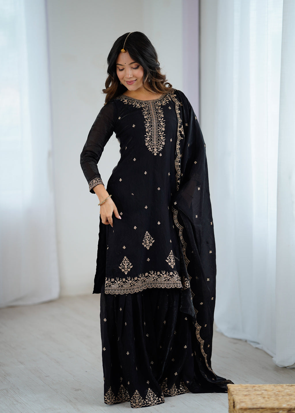 Lorenvalley Black Soft Crunchy Silk with Embroidery Sequence and Jari Work Kurta Palazzo with Dupatta