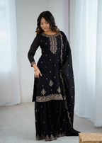 Lorenvalley Black Soft Crunchy Silk with Embroidery Sequence and Jari Work Kurta Palazzo with Dupatta