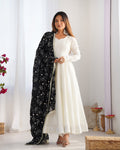 Lorenvalley Fashion White Vichitra Silk Fabric Fully Flared Anarkali Pant With Dupatta Set