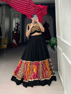 Lorenvalley Black Pure Rayon with Plain And Printed With Original Mirror Gamthi Work And Lace Touch Up Lehenga Choli