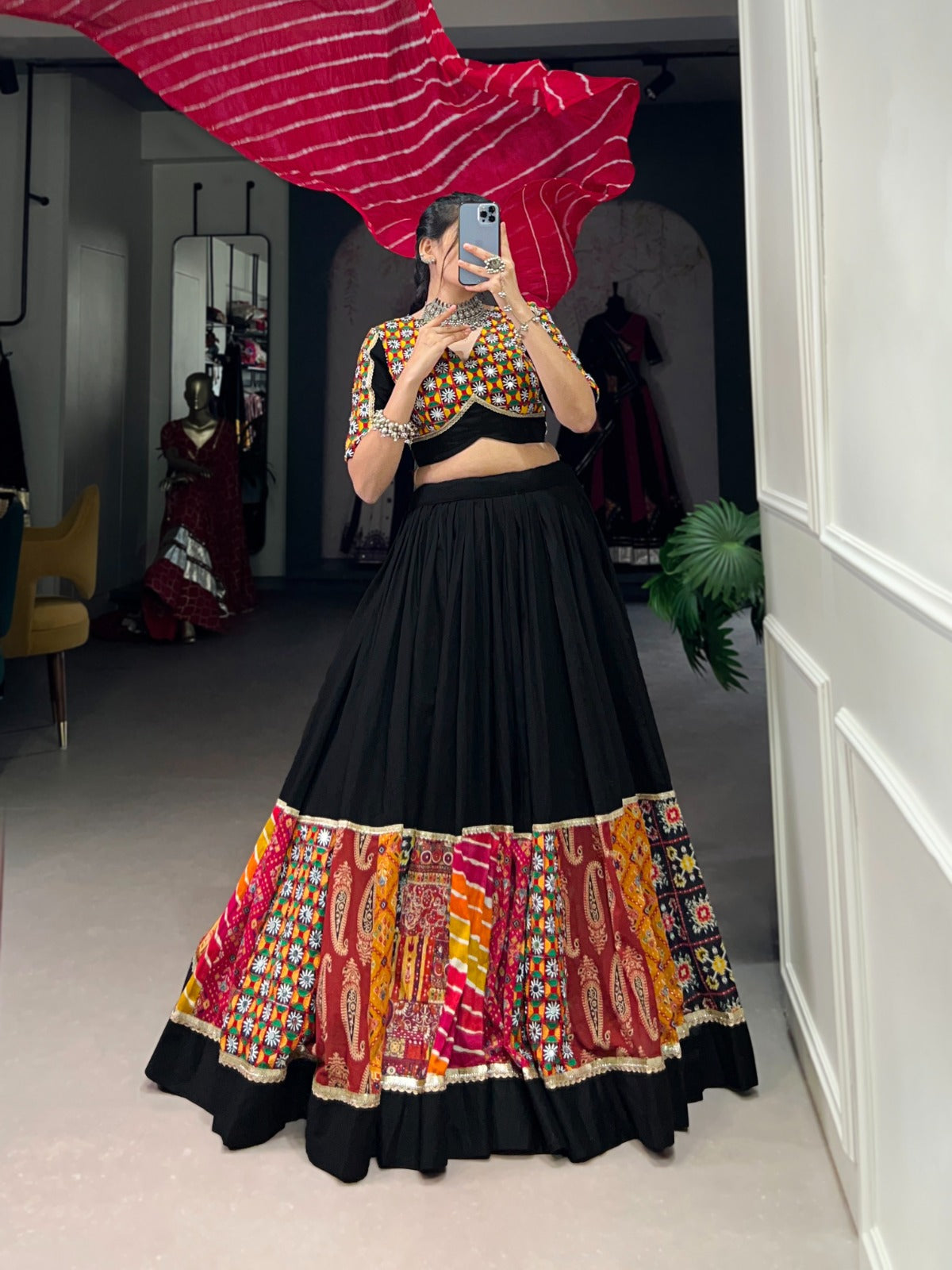 Lorenvalley Black Pure Rayon with Plain And Printed With Original Mirror Gamthi Work And Lace Touch Up Lehenga Choli