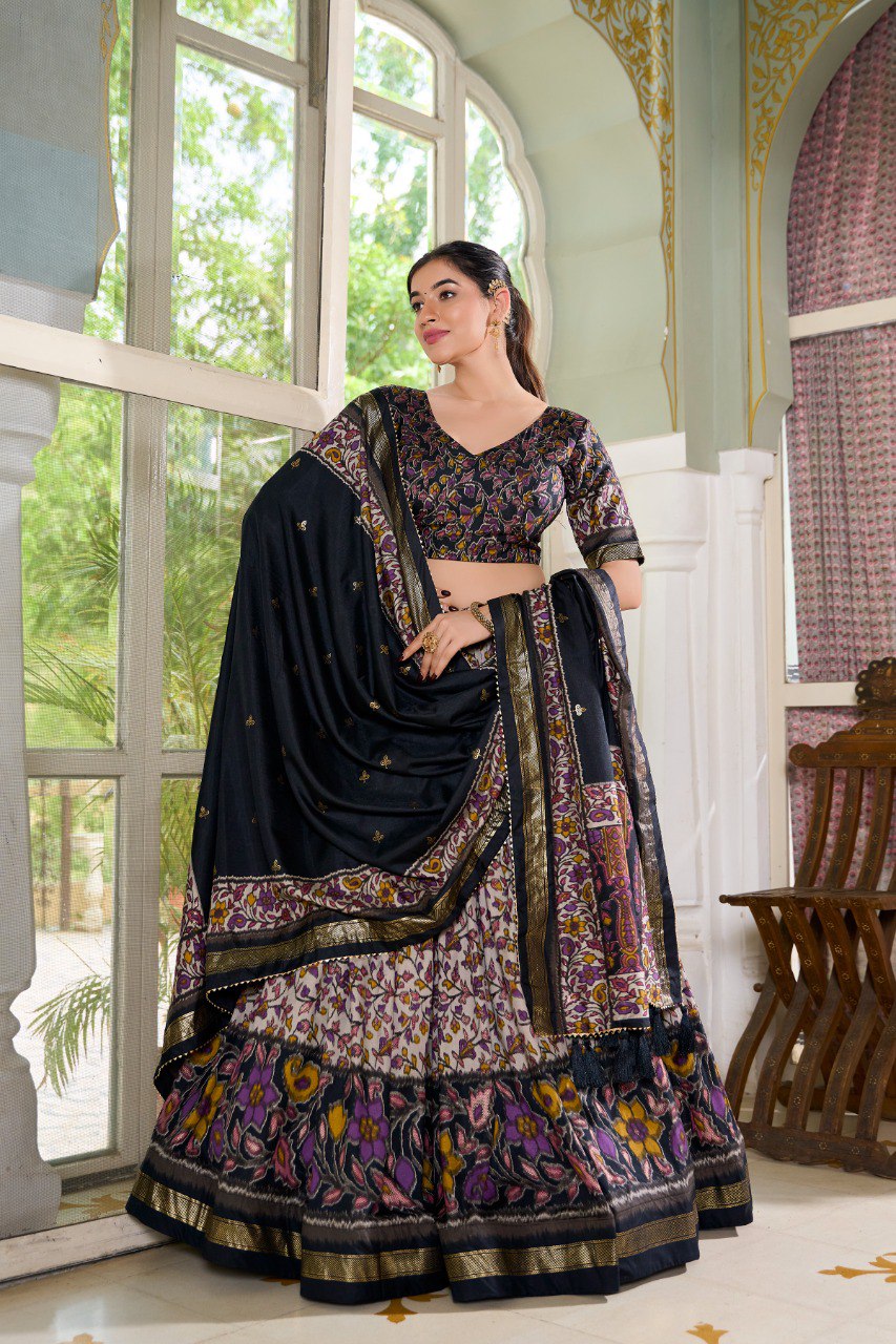 Lorenvalley Black Tussar Silk Floral Print with Foil Print Lehenga Choli with Dupatta