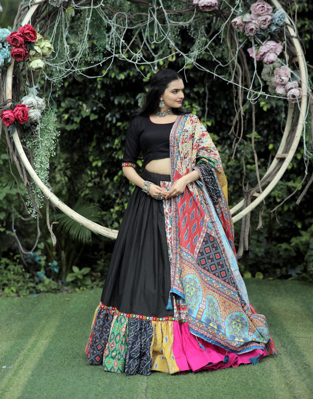 Lorenvalley Black Premium Rayon Lehenga with Choli with Digital Printed with Gotta Patti Lace Border Dupatta Set
