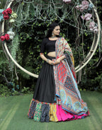 Lorenvalley Black Premium Rayon Lehenga with Choli with Digital Printed with Gotta Patti Lace Border Dupatta Set