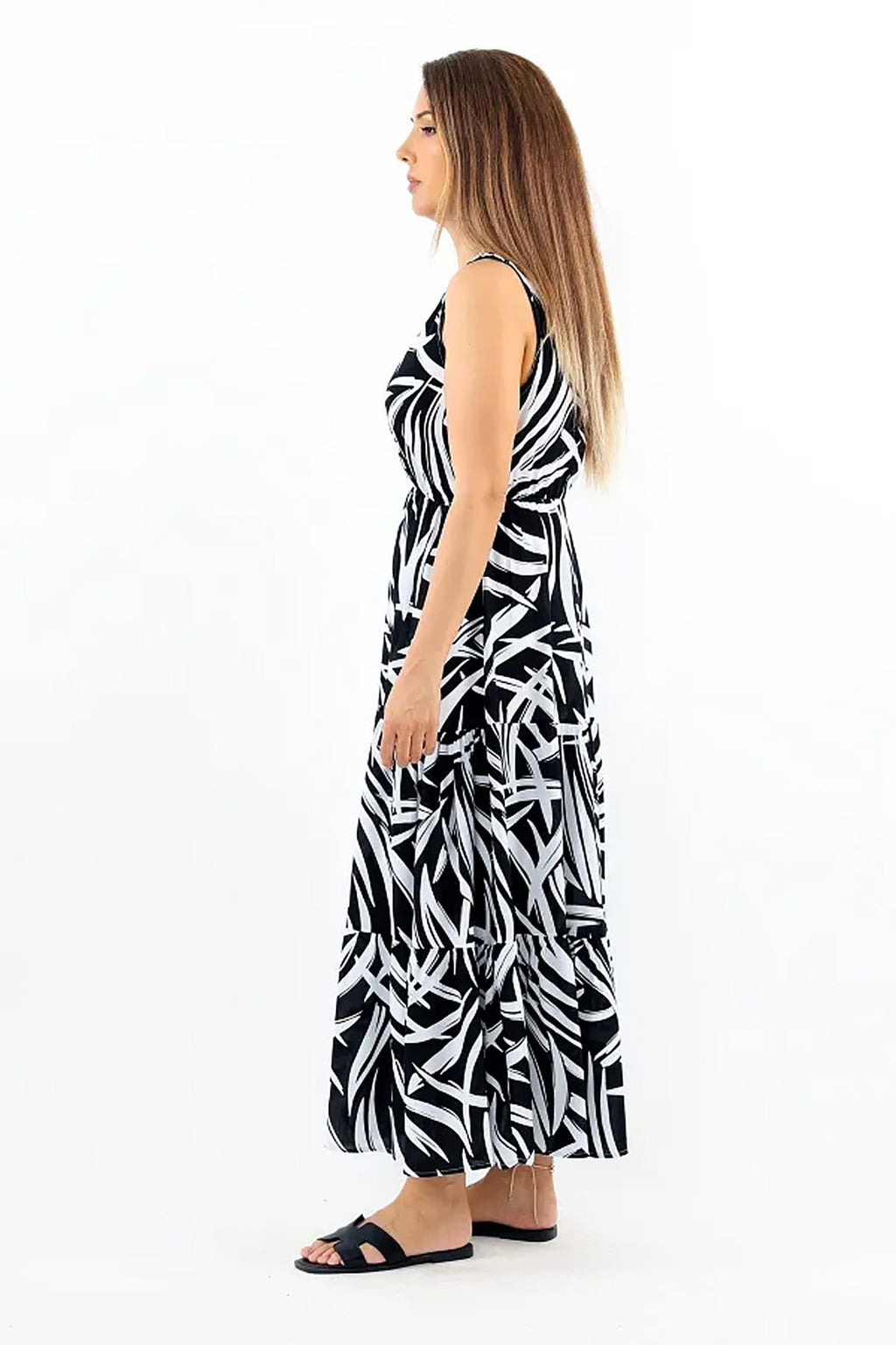 Pimu Viscose Patterned Summer Dress - Elastic Waist, V-Neck - Black